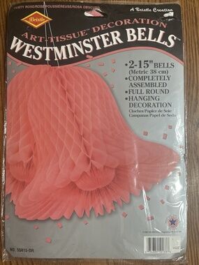VTG 1998 Beistle Westminster big Wedding Bells 2 - 15" decor Honeycomb Pink USA